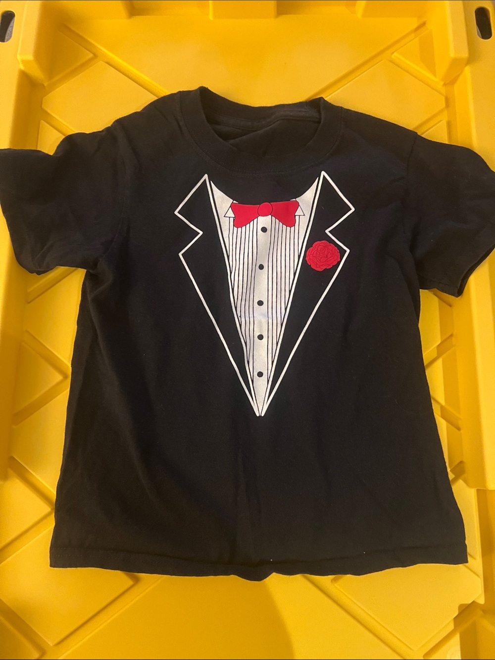 Kids Black Tuxedo T-shirt Tee with Red Bow Tie and Boutonnière
